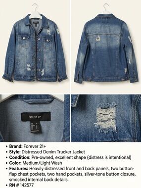 Forever 21 Distressed Light Wash Blue Denim Jacket
